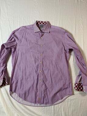 Thomas Dean Red/Blue Striped Shirt with Plaid Contrast Details, Size XL (1269)